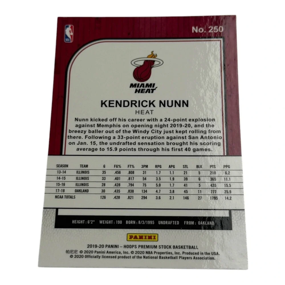 2019-20 Panini‎ NBA Hoops Premium Stock Kendrick Nunn Rookie Card 250 Miami Heat